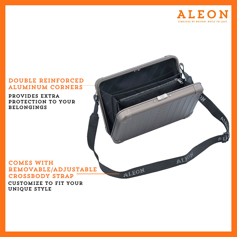 Aleon large bronze crossbody bag designed with aircraft-grade aluminum for lasting durability. The bag features an adjustable and removable strap for personalized styling. Aleon logo and tagline 'Timeless by design. Built to last.' are prominently displayed against a clean white background accented with orange borders.