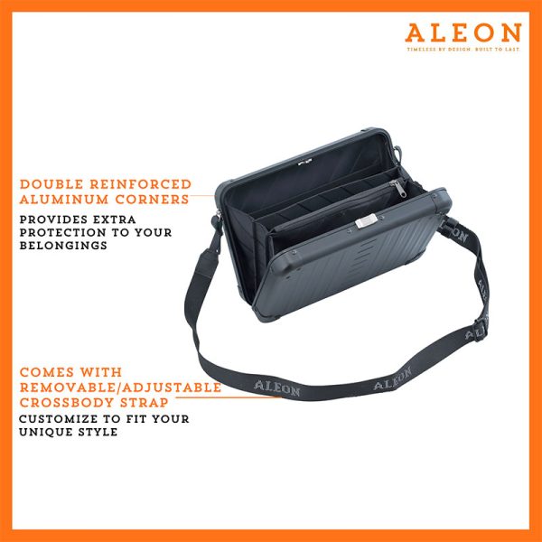 Aleon large black crossbody bag designed with aircraft-grade aluminum for lasting durability. The bag features an adjustable and removable strap for personalized styling. Aleon logo and tagline 'Timeless by design. Built to last.' are prominently displayed against a clean white background accented with orange borders.