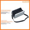 Aleon large platinum silver crossbody bag designed with aircraft-grade aluminum for lasting durability. The bag features an adjustable and removable strap for personalized styling. Aleon logo and tagline 'Timeless by design. Built to last.' are prominently displayed against a clean white background accented with orange borders.