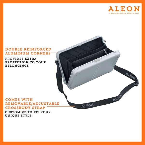Aleon large platinum silver crossbody bag designed with aircraft-grade aluminum for lasting durability. The bag features an adjustable and removable strap for personalized styling. Aleon logo and tagline 'Timeless by design. Built to last.' are prominently displayed against a clean white background accented with orange borders.
