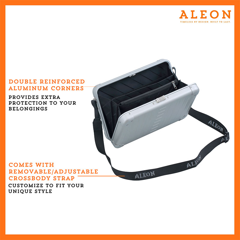 2505-shoulder-strap-PL Aleon large platinum silver crossbody bag designed with aircraft-grade aluminum for lasting durability. The bag features an adjustable and removable strap for personalized styling. Aleon logo and tagline 'Timeless by design. Built to last.' are prominently displayed against a clean white background accented with orange borders.