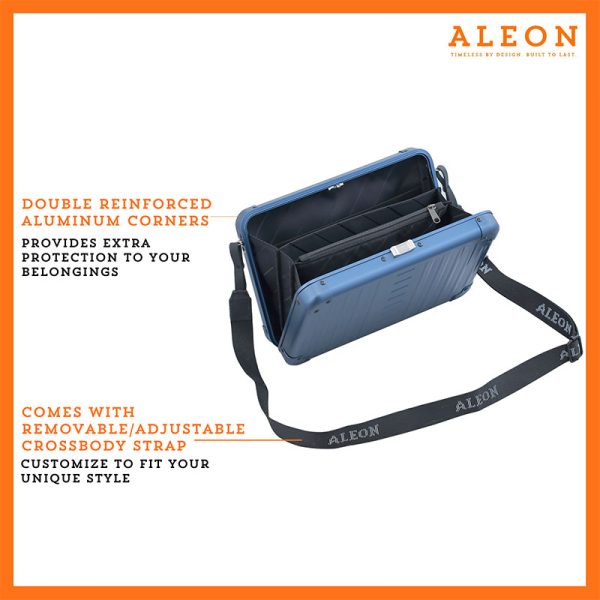 Aleon large sapphire blue crossbody bag designed with aircraft-grade aluminum for lasting durability. The bag features an adjustable and removable strap for personalized styling. Aleon logo and tagline 'Timeless by design. Built to last.' are prominently displayed against a clean white background accented with orange borders.