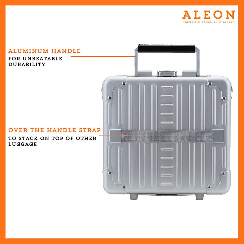 The image showcases the ALEON Platinum silver Messenger Case, designed with an aluminum handle for unbeatable durability. It features an over-the-handle strap for effortless stacking onto rolling luggage. The silver case has a sleek, ribbed design with reinforced corners, offering a balance of style and security. The ALEON logo and tagline, "Timeless by design. Built to last." are displayed in the top right corner.