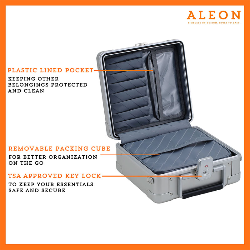 ALEON Platinum Silver Messenger Case with features highlighted. The case includes a plastic-lined pocket for keeping belongings protected and clean, a removable packing cube for better organization on the go, and a TSA-approved key lock to keep essentials safe and secure. The case is open, showing the interior design and compartments. The image has an orange border and the ALEON logo with the tagline "Timeless by design. Built to last."