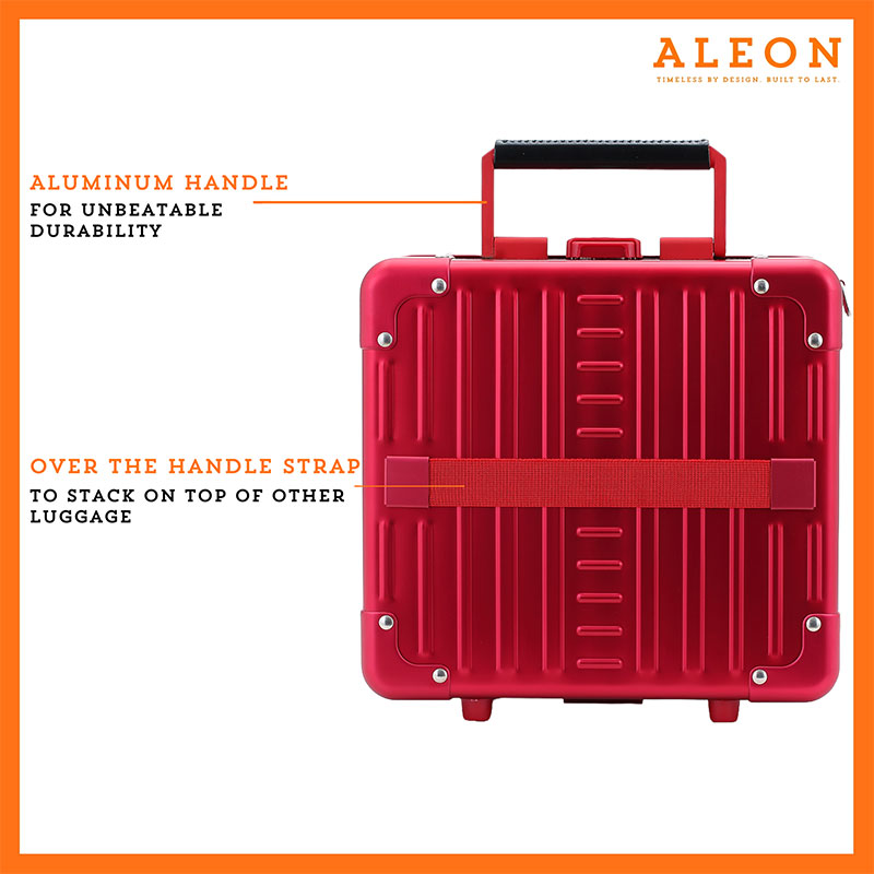 The image showcases the ALEON red ruby Messenger Case, designed with an aluminum handle for unbeatable durability. It features an over-the-handle strap for effortless stacking onto rolling luggage. The silver case has a sleek, ribbed design with reinforced corners, offering a balance of style and security. The ALEON logo and tagline, "Timeless by design. Built to last." are displayed in the top right corner.