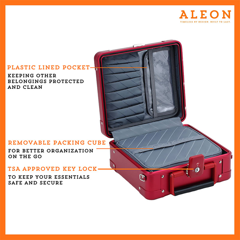 ALEON Messenger red ruby Case with features highlighted. The case includes a plastic-lined pocket for keeping belongings protected and clean, a removable packing cube for better organization on the go, and a TSA-approved key lock to keep essentials safe and secure. The case is open, showing the interior design and compartments. The image has an orange border and the ALEON logo with the tagline "Timeless by design. Built to last."