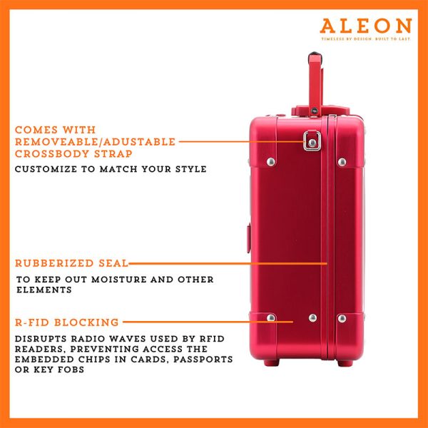 The image features a red ruby ALEON Messenger Case with three highlighted features. The first is a removable and adjustable crossbody strap, allowing customization to match personal style. The second is a rubberized seal, designed to keep out moisture and other elements. The third is RFID blocking, which disrupts radio waves used by RFID readers to prevent unauthorized access to embedded chips in cards, passports, or key fobs. The case is presented against a white background with an orange border, and the ALEON logo is displayed in the top right corner.
