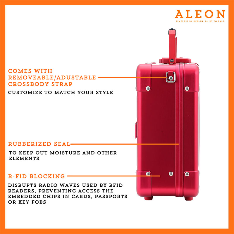 The image features a red ruby ALEON Messenger Case with three highlighted features. The first is a removable and adjustable crossbody strap, allowing customization to match personal style. The second is a rubberized seal, designed to keep out moisture and other elements. The third is RFID blocking, which disrupts radio waves used by RFID readers to prevent unauthorized access to embedded chips in cards, passports, or key fobs. The case is presented against a white background with an orange border, and the ALEON logo is displayed in the top right corner.