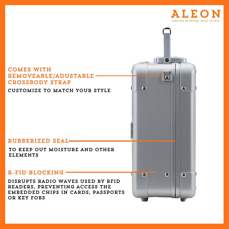 The image features a platinum silver ALEON Messenger Case with three highlighted features. The first is a removable and adjustable crossbody strap, allowing customization to match personal style. The second is a rubberized seal, designed to keep out moisture and other elements. The third is RFID blocking, which disrupts radio waves used by RFID readers to prevent unauthorized access to embedded chips in cards, passports, or key fobs. The case is presented against a white background with an orange border, and the ALEON logo is displayed in the top right corner.