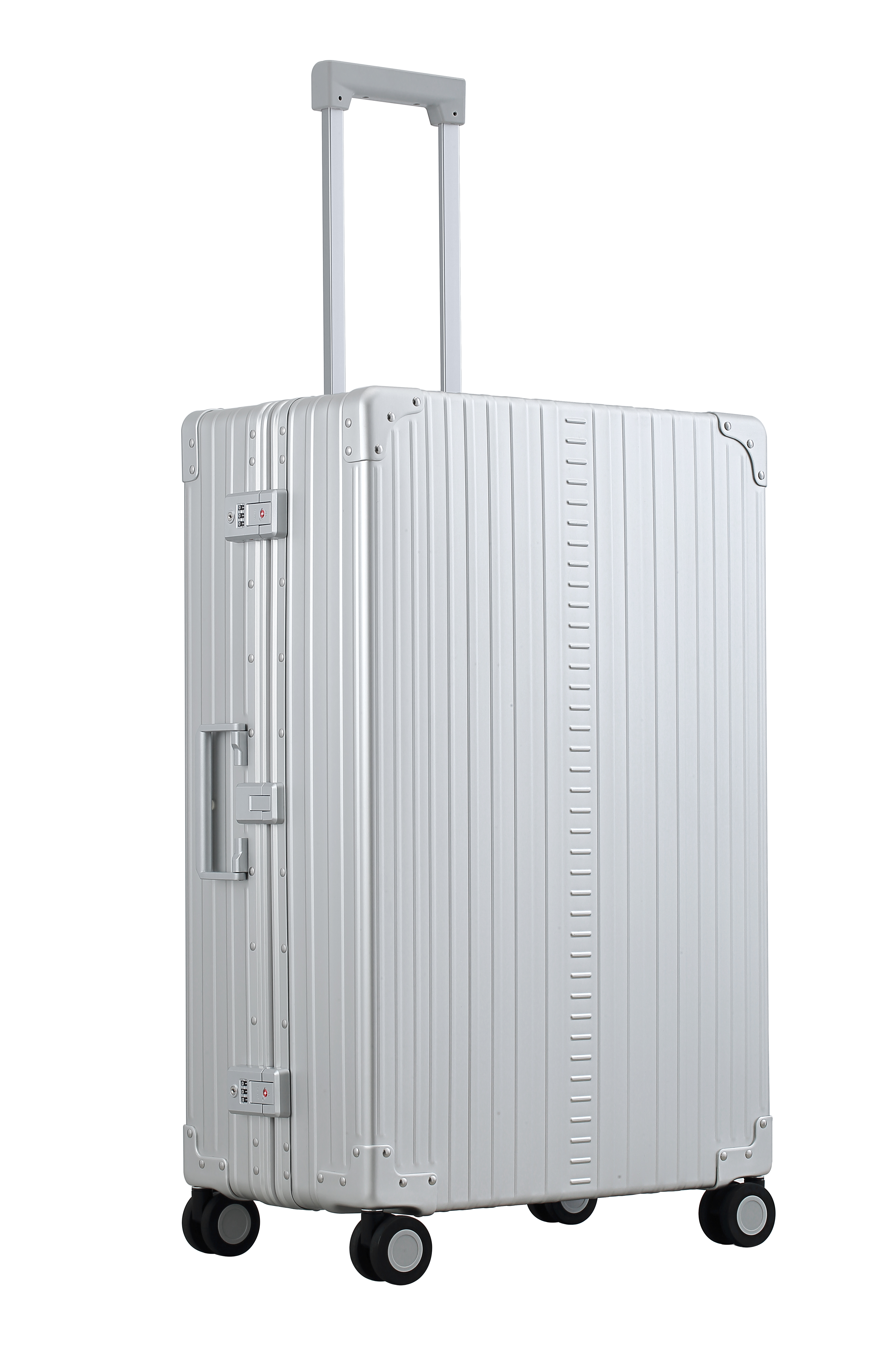 ALEON Macro Traveler Checked Case in brushed aluminum finish, standing upright with reinforced corners and dual lock latches, showcasing its sleek and durable design.