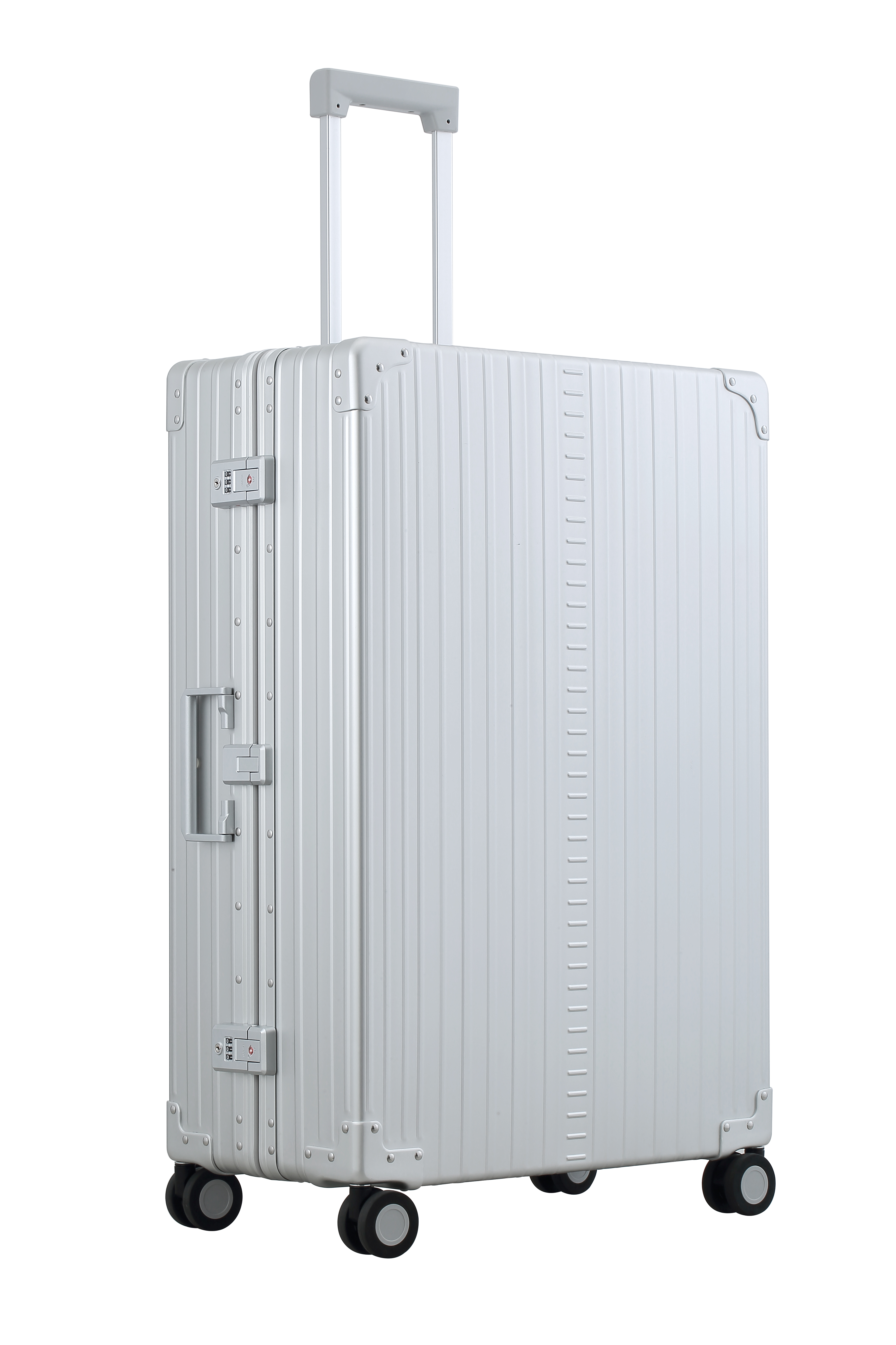 ALEON 32" Checked Case in brushed aluminum finish, standing upright with reinforced corners and dual lock latches, showcasing its sleek and durable design.